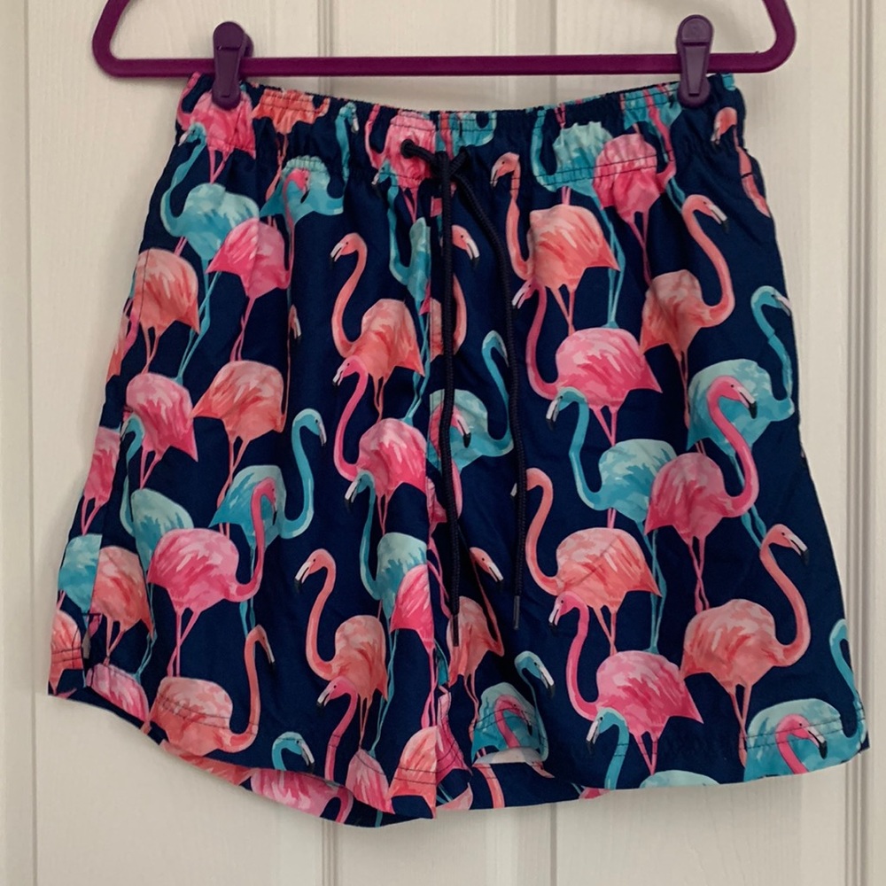 Mens swim trunks, flamingo